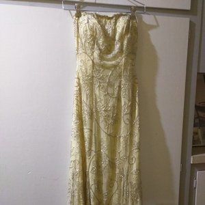 Silver Sequined Banana Yellow Long Gown Strapless XS Made in India
